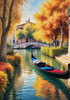 Realistic Autumn Italian Village Landscape with Gondola on Water