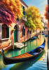 Realistic Autumn Italian Village Landscape with Gondola on Water