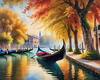 Realistic Autumn Italian Village Landscape with Gondola on Water