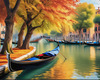 Realistic Autumn Italian Village Landscape with Gondola on Water