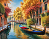 Realistic Autumn Italian Village Landscape with Gondola on Water
