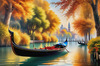 Realistic Autumn Italian Village Landscape with Gondola on Water