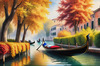 Realistic Autumn Italian Village Landscape with Gondola on Water