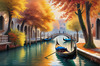 Realistic Autumn Italian Village Landscape with Gondola on Water