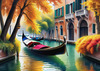Realistic Autumn Italian Village Landscape with Gondola on Water