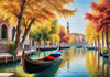 Realistic Autumn Italian Village Landscape with Gondola on Water