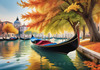 Realistic Autumn Italian Village Landscape with Gondola on Water