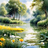 Blooming Meadow with Peaceful Pond and Gliding Swans Art Print
