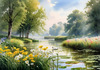Blooming Meadow with Peaceful Pond and Gliding Swans Art Print