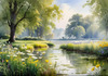 Blooming Meadow with Peaceful Pond and Gliding Swans Art Print