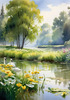 Blooming Meadow with Peaceful Pond and Gliding Swans Art Print