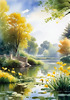 Blooming Meadow with Peaceful Pond and Gliding Swans Art Print