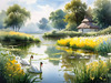 Blooming Meadow with Peaceful Pond and Gliding Swans Art Print