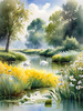 Blooming Meadow with Peaceful Pond and Gliding Swans Art Print