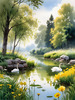 Blooming Meadow with Peaceful Pond and Gliding Swans Art Print