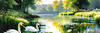 Blooming Meadow with Peaceful Pond and Gliding Swans Art Print