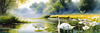 Blooming Meadow with Peaceful Pond and Gliding Swans Art Print