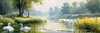 Blooming Meadow with Peaceful Pond and Gliding Swans Art Print