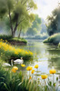 Blooming Meadow with Peaceful Pond and Gliding Swans Art Print
