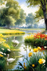 Blooming Meadow with Peaceful Pond and Gliding Swans Art Print
