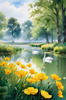 Blooming Meadow with Peaceful Pond and Gliding Swans Art Print