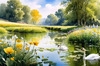 Blooming Meadow with Peaceful Pond and Gliding Swans Art Print