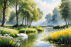 Blooming Meadow with Peaceful Pond and Gliding Swans Art Print