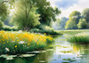 Blooming Meadow with Peaceful Pond and Gliding Swans Art Print