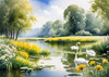 Blooming Meadow with Peaceful Pond and Gliding Swans Art Print