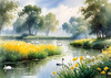 Blooming Meadow with Peaceful Pond and Gliding Swans Art Print