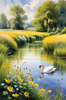 Blooming Meadow with Peaceful Pond and Gliding Swans Art Print