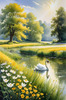 Blooming Meadow with Peaceful Pond and Gliding Swans Art Print