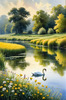 Blooming Meadow with Peaceful Pond and Gliding Swans Art Print