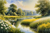 Blooming Meadow with Peaceful Pond and Gliding Swans Art Print