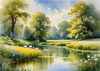 Blooming Meadow with Peaceful Pond and Gliding Swans Art Print