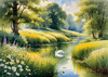 Blooming Meadow with Peaceful Pond and Gliding Swans Art Print