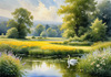 Blooming Meadow with Peaceful Pond and Gliding Swans Art Print