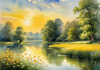 Blooming Meadow with Peaceful Pond and Gliding Swans Art Print