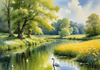 Blooming Meadow with Peaceful Pond and Gliding Swans Art Print