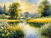 Blooming Meadow with Peaceful Pond and Gliding Swans Art Print