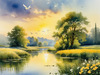Blooming Meadow with Peaceful Pond and Gliding Swans Art Print