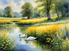 Blooming Meadow with Peaceful Pond and Gliding Swans Art Print