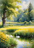 Blooming Meadow with Peaceful Pond and Gliding Swans Art Print