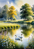 Blooming Meadow with Peaceful Pond and Gliding Swans Art Print