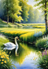 Blooming Meadow with Peaceful Pond and Gliding Swans Art Print