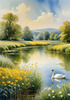 Blooming Meadow with Peaceful Pond and Gliding Swans Art Print