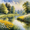 Blooming Meadow with Peaceful Pond and Gliding Swans Art Print