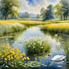 Blooming Meadow with Peaceful Pond and Gliding Swans Art Print