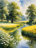 Blooming Meadow with Peaceful Pond and Gliding Swans Art Print