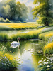 Blooming Meadow with Peaceful Pond and Gliding Swans Art Print